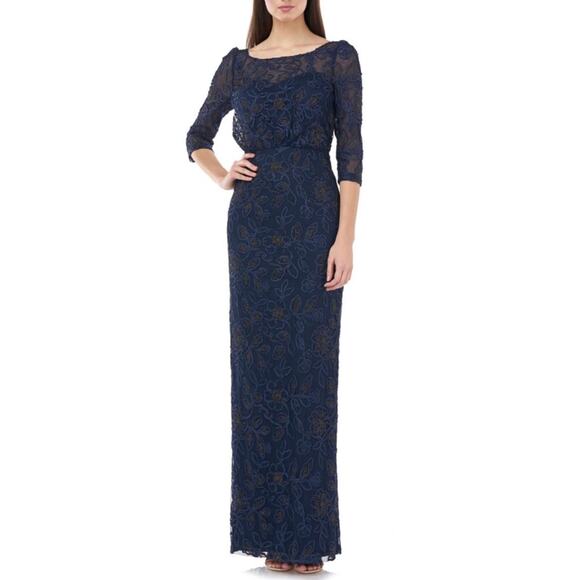 JS Collections Metallic Soutache Blouson Mesh Gown in Navy Gold, Size 10 - Picture 6 of 11